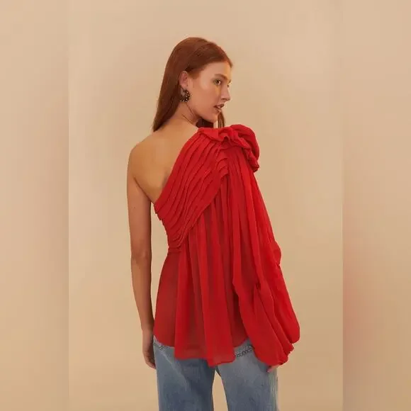 Farm Rio Red Rose Puff Sleeve One-Shoulder Blouse XL - Picture 8 of 10